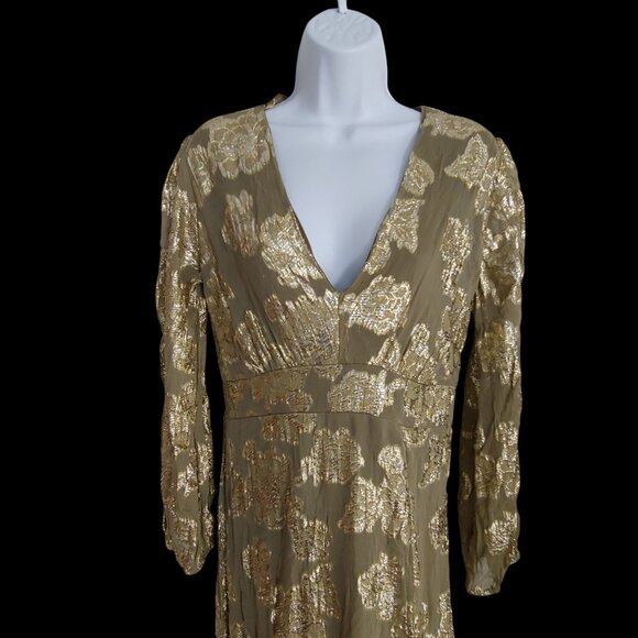 EN CRÈME V-neck Kimono Sleeve Maxi Gold Metallic Dress Boho L - Picture 2 of 12
